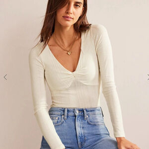 Boden Cream Ribbed Long Sleeve Top